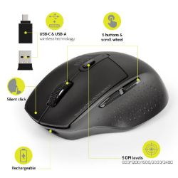 Picture of Port Wireless Rechargeable 1600DPI 5 Button Bluetooth Mouse - Black